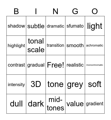 Art Vocabulary Bingo: Value Bingo Card