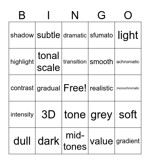 Art Vocabulary Bingo: Value Bingo Card