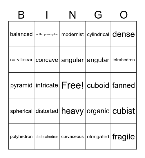 Art Vocabulary Bingo: Form Bingo Card