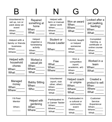 Resume Experience BINGO Card