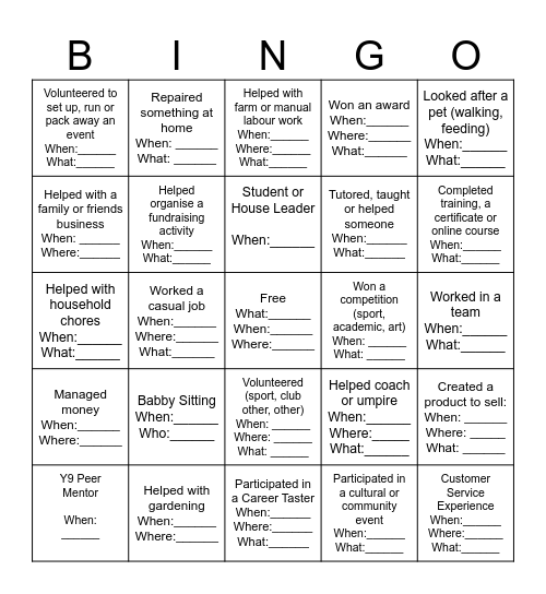 Resume Experience BINGO Card