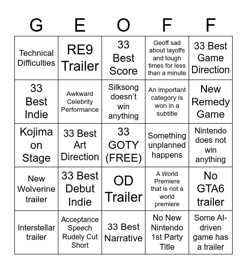 2025 Game Awards Bingo Card