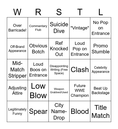 Wrestling Bingo Card