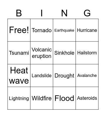 Natural Disasters Bingo Card