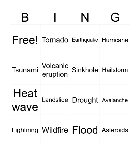 Natural Disasters Bingo Card