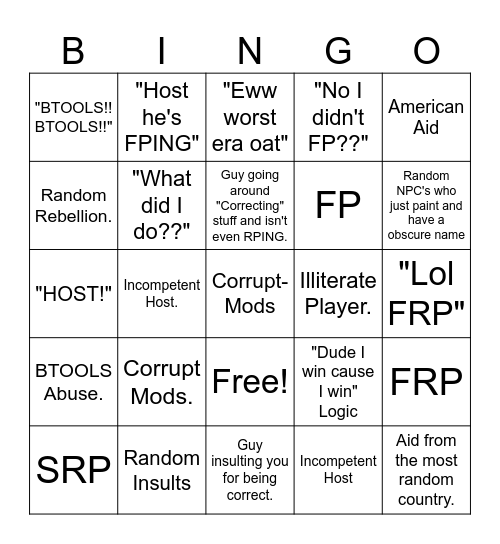NR2 Complain Bingo Card