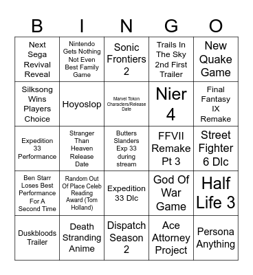 Game Awards 2025 Bingo Card