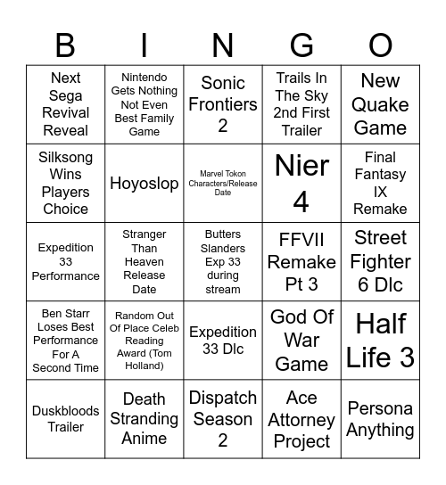 Game Awards 2025 Bingo Card