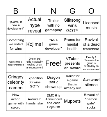 Game Awards Bingo Card