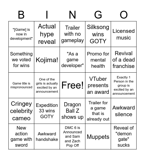Game Awards Bingo Card