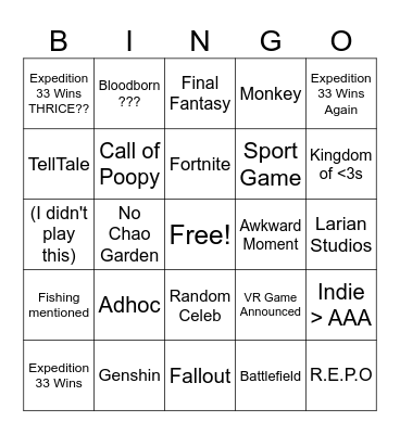 Game Awards Bingo Card