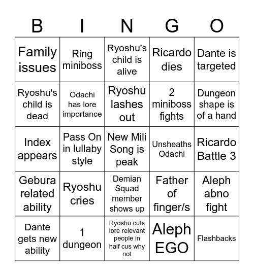 Canto 9 Bingo Board Bingo Card