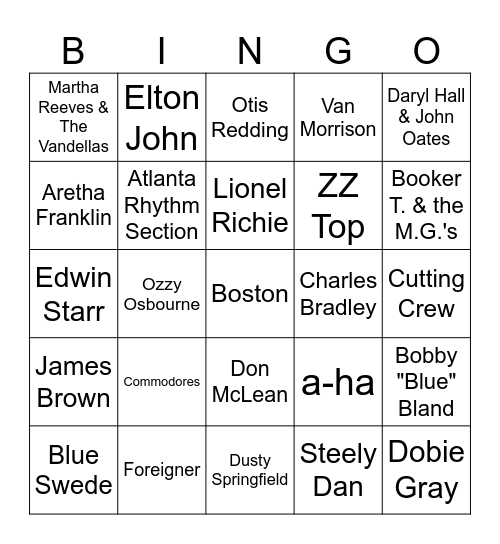 Game #1: Motown, Oldies, Yacht and Classic Rock Bingo Card