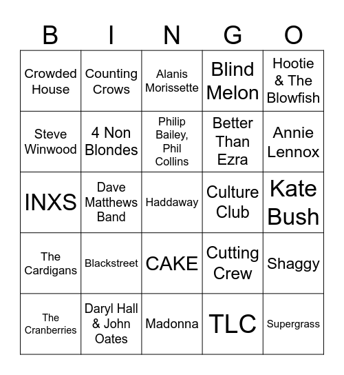 Game 1: 80's/90's and One Song for Tom Bingo Card