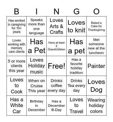 Seniors Helping Seniors Bingo Card