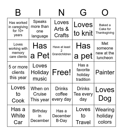 Seniors Helping Seniors Bingo Card