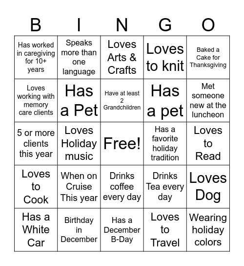 Seniors Helping Seniors Bingo Card