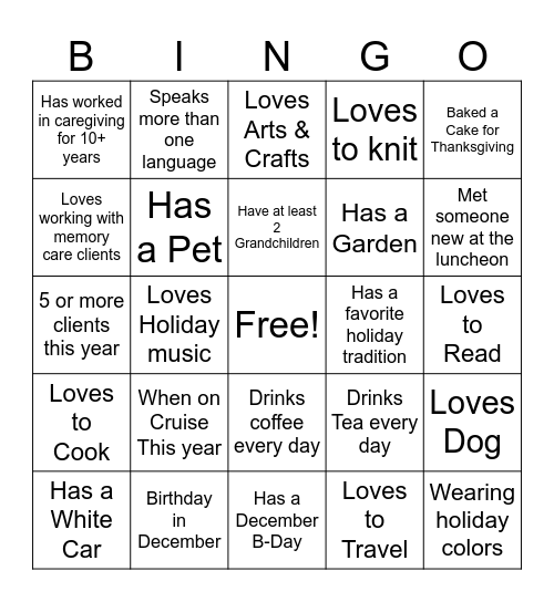 Seniors Helping Seniors Bingo Card