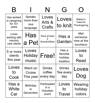 Seniors Helping Seniors Bingo Card