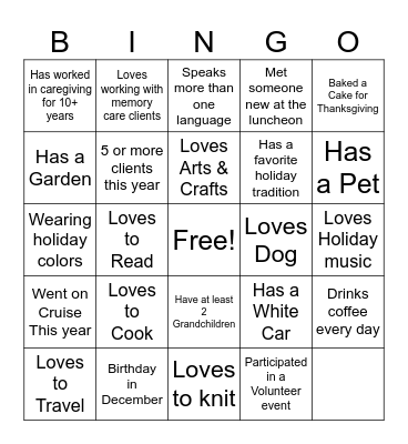 Seniors Helping Seniors Bingo Card