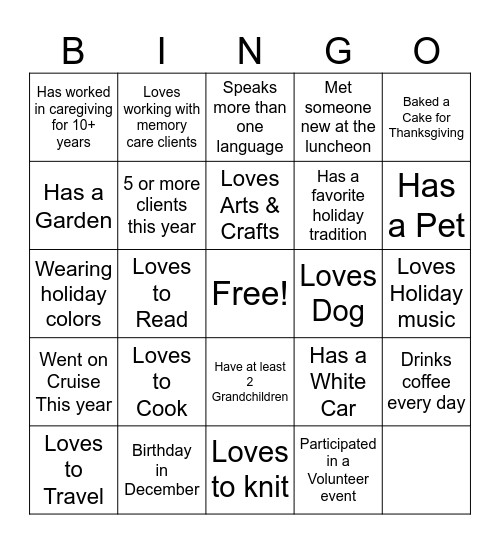 Seniors Helping Seniors Bingo Card