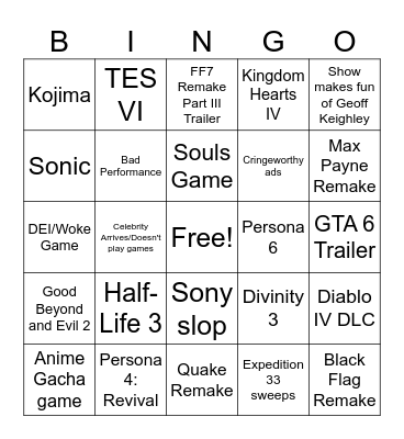 The Game Awards 2025 Bingo Card