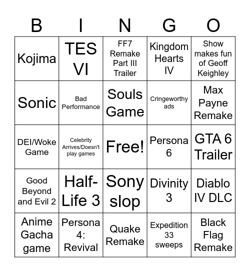 The Game Awards 2025 Bingo Card