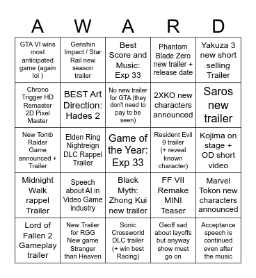 The Game Awards 2025 Bingo Card