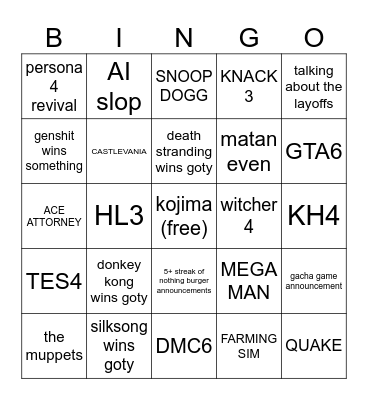 game awards 2025 bingo Card