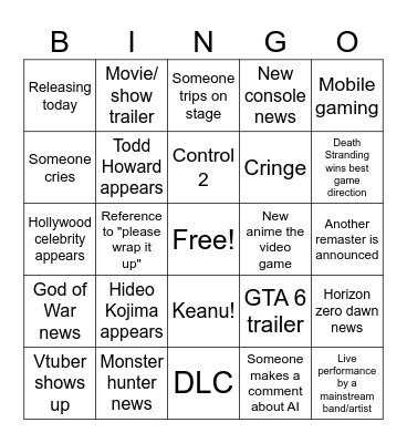Game Awards 2025 Bingo Card