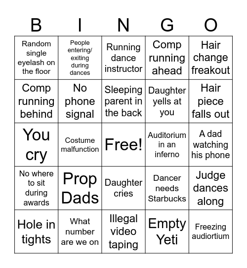 Dance Mom's Competition Bingo Card