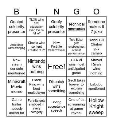 Game Awards 2025 Bingo Card
