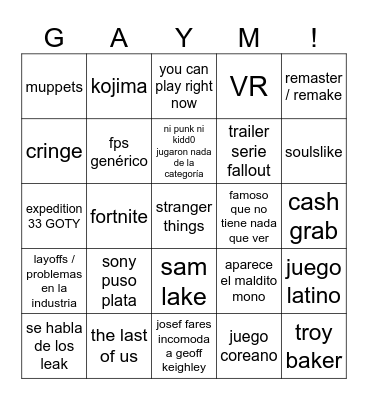 los GAYM! awards Bingo Card