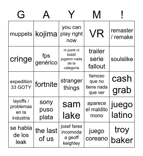 los GAYM! awards Bingo Card