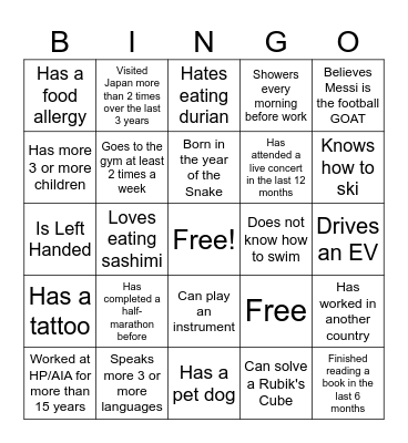 Get to know you Bingo Card