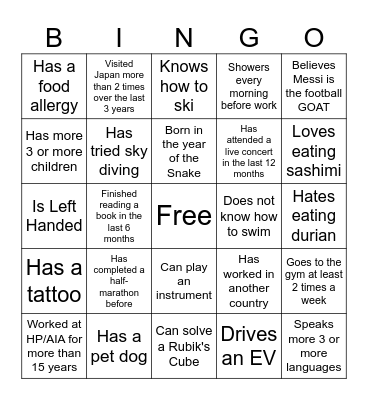 Get to know you Bingo Card