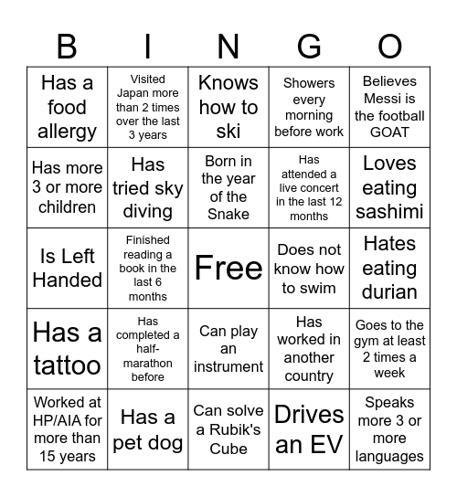 Get to know you Bingo Card
