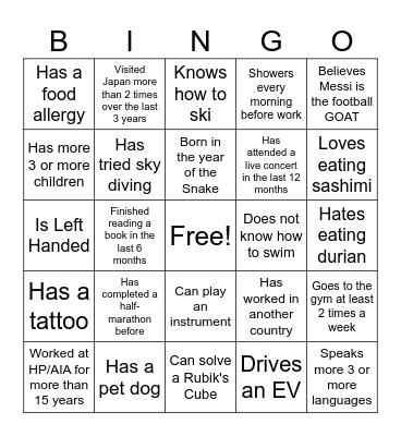 Get to know you Bingo Card