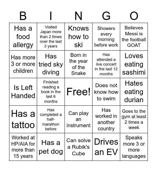 Get to know you Bingo Card
