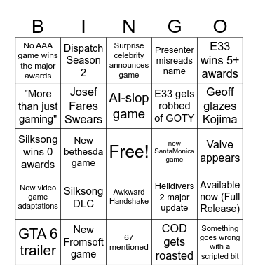 TGA Bingo Card