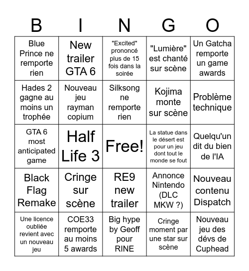 Game Awards 2025 Bingo Card