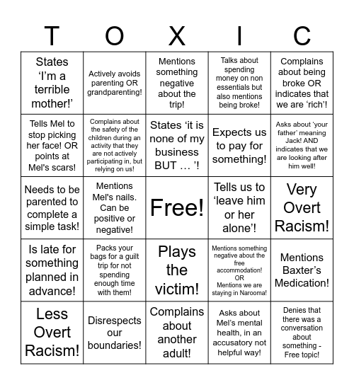 TOXIC Family Bingo Card