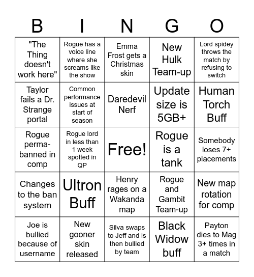 Rivals Season 5.5 Bingo Card