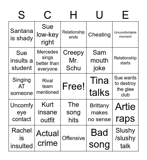 Glee bingo Card