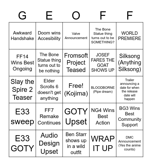 Game Awards Sponsored by S.E.E.S Bingo Card