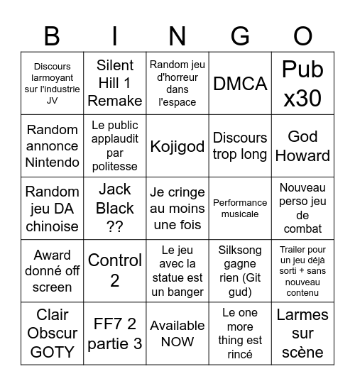 Game Award 2026 Bingo Card