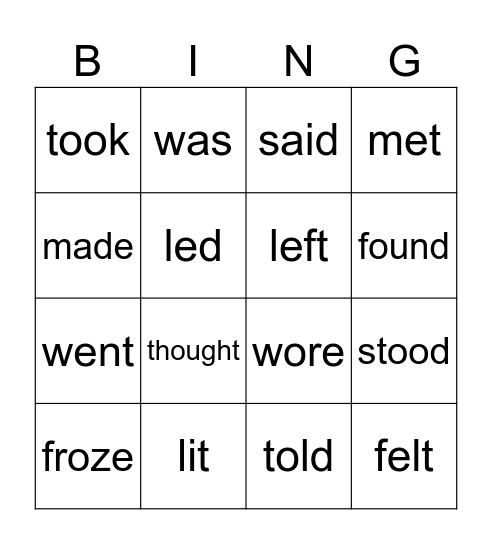 irregular verbs - past tense Bingo Card