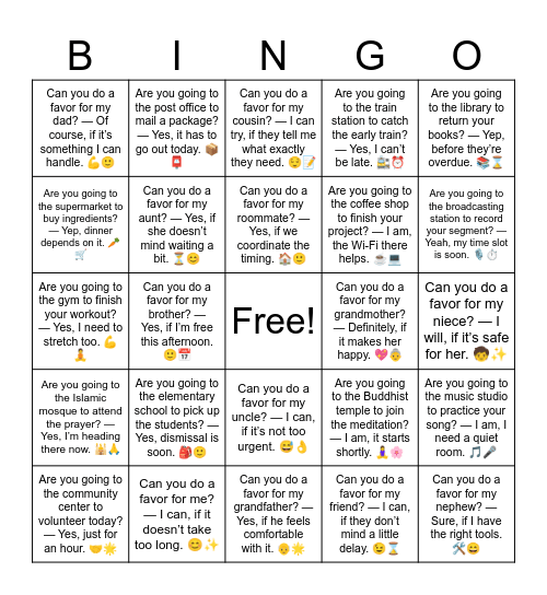 B19 L4 Can you do a favor for my niece? — I will, if it’s safe for her. 🧒✨ Bingo Card