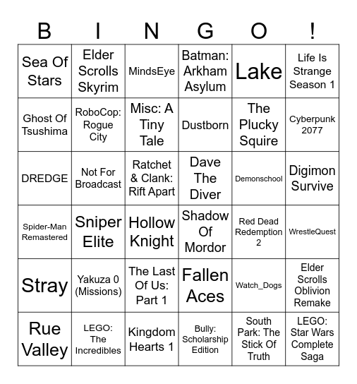 2026 Games To Complete Bingo Card