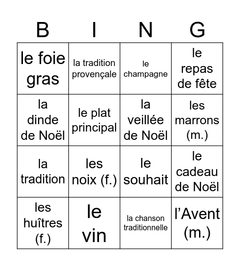 noël Bingo Card